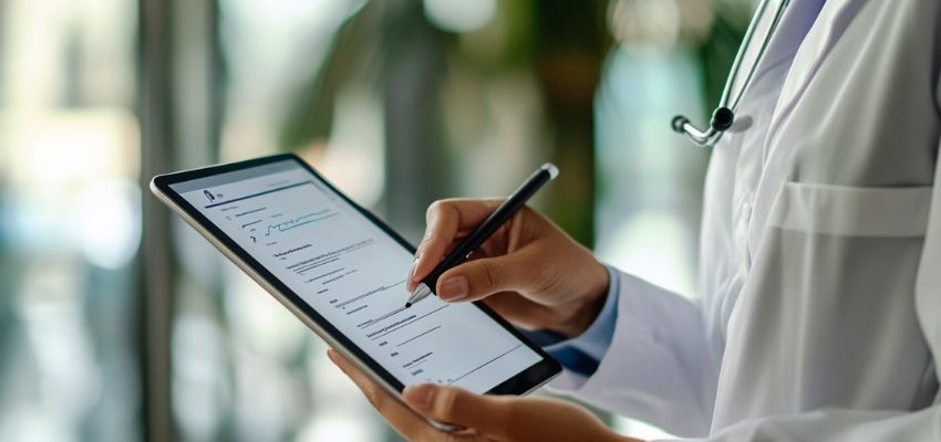El médico utiliza una herramienta para crear un formulario en línea con una firma.