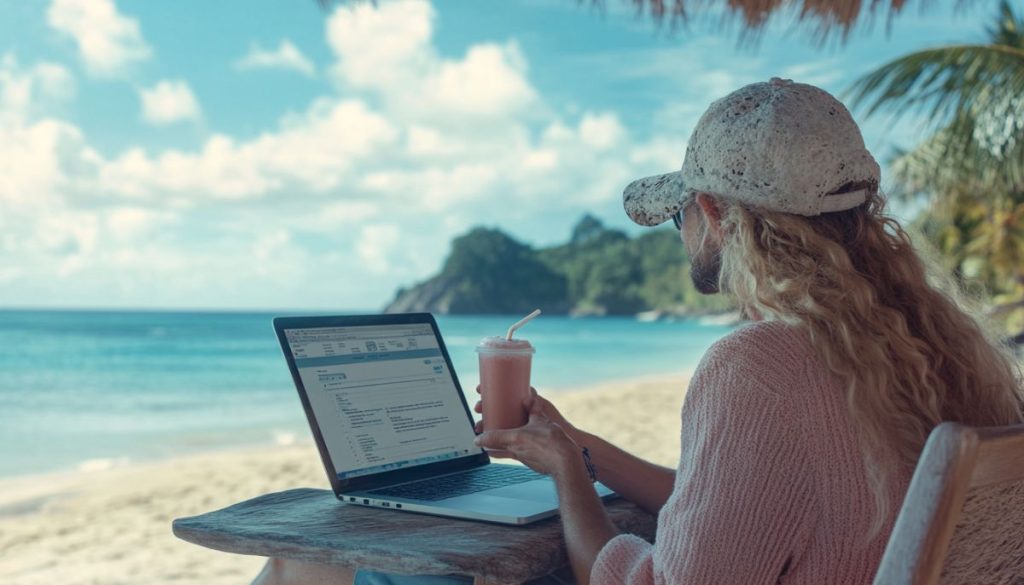 El hombre utiliza una herramienta para crear un formulario en línea con una firma mientras está de vacaciones.