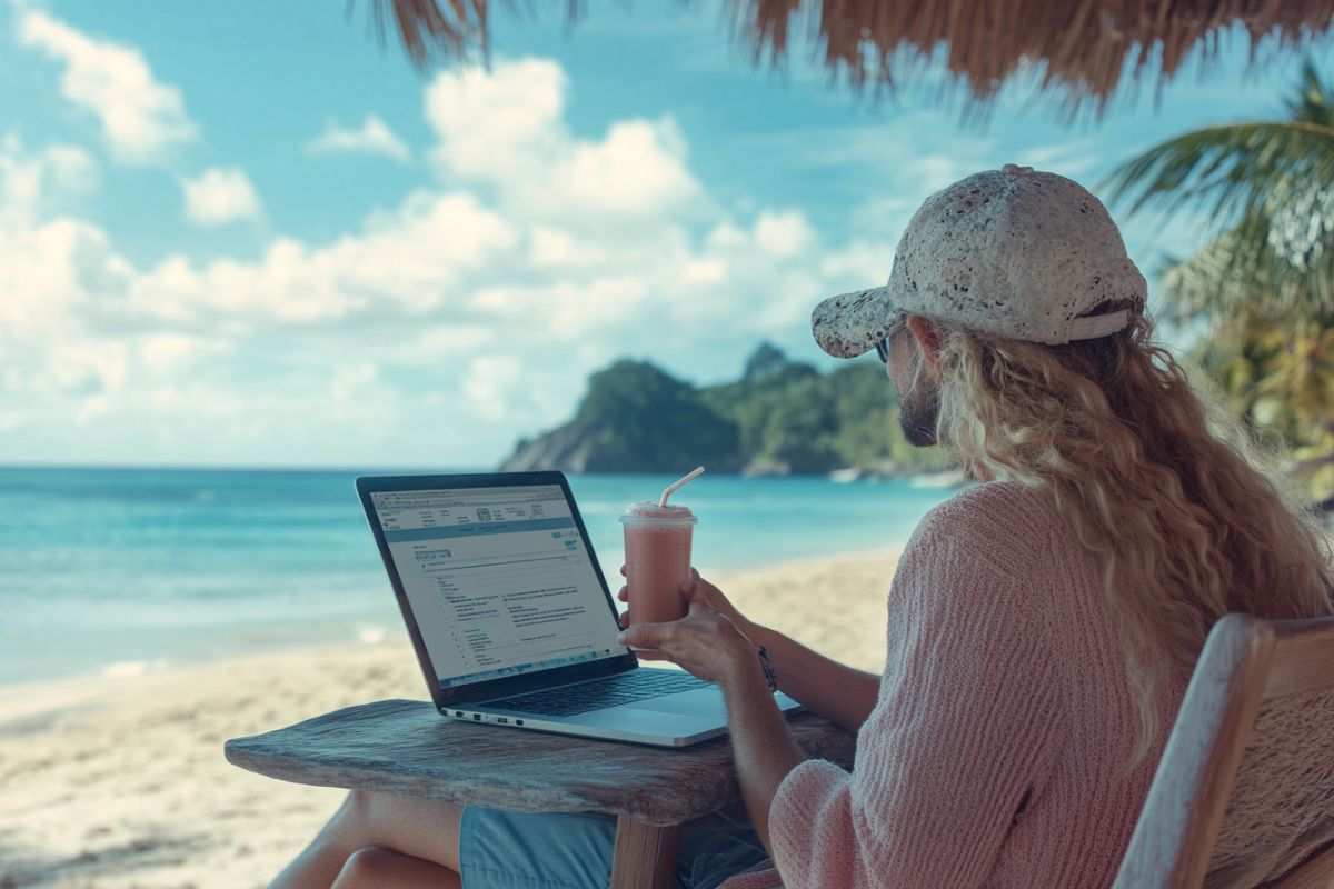 El hombre utiliza una herramienta para crear un formulario en línea con una firma mientras está de vacaciones.