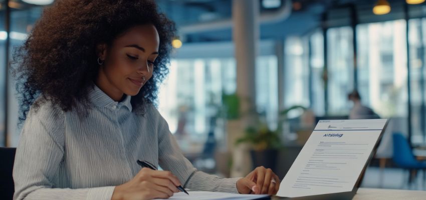 La mujer está contenta tras firmar el documento digital.
