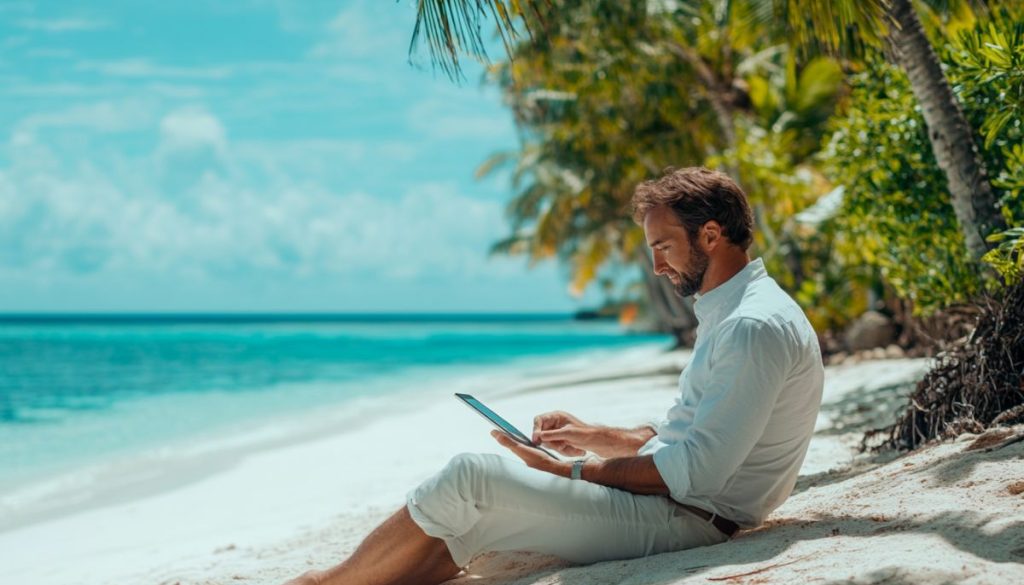 El hombre firma el documento utilizando una aplicación mientras está de vacaciones.