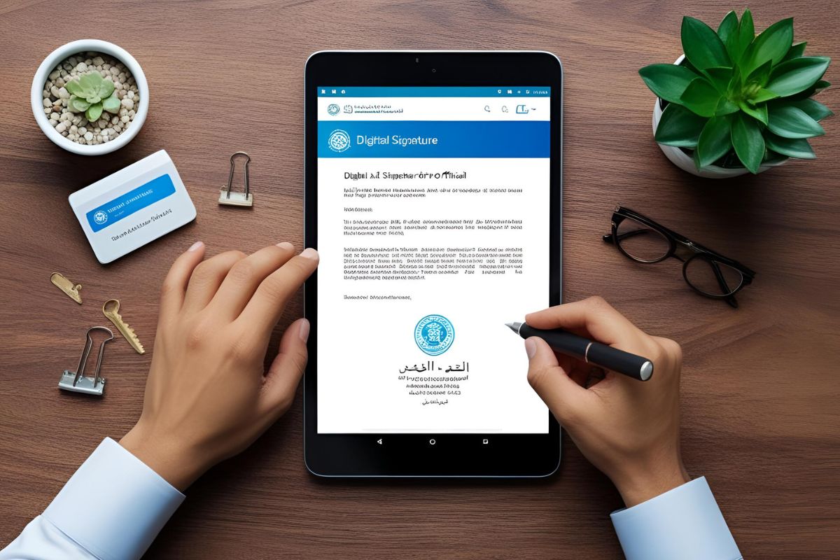 Un empresario de Arabia Saudí firma un contrato digital.