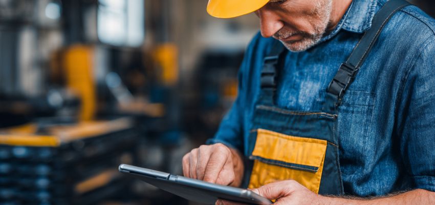 Service professional checking reports on tablet for annual maintenance contract