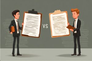 Illustration of two businessmen holding documents in comparison, representing the difference between contract and agreement.