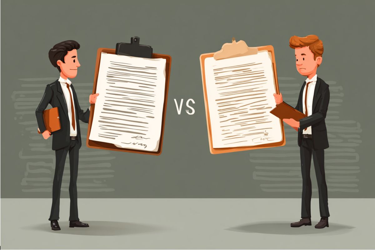 Illustration of two businessmen holding documents in comparison, representing the difference between contract and agreement.