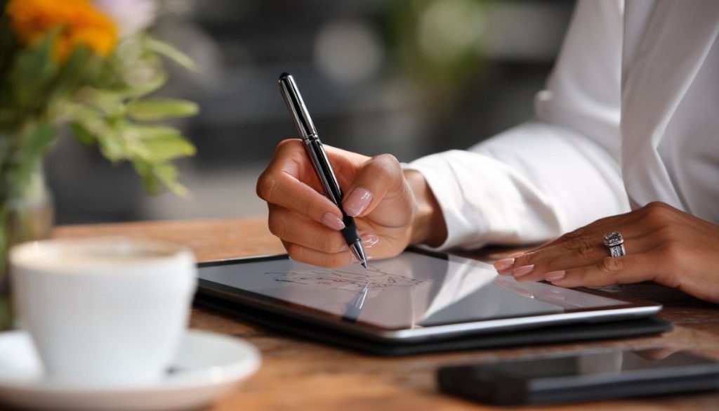 Close-up of a person e-signing a document on a tablet through paperless contract solutions.