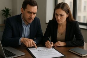 Two employees are preparing the contracts.