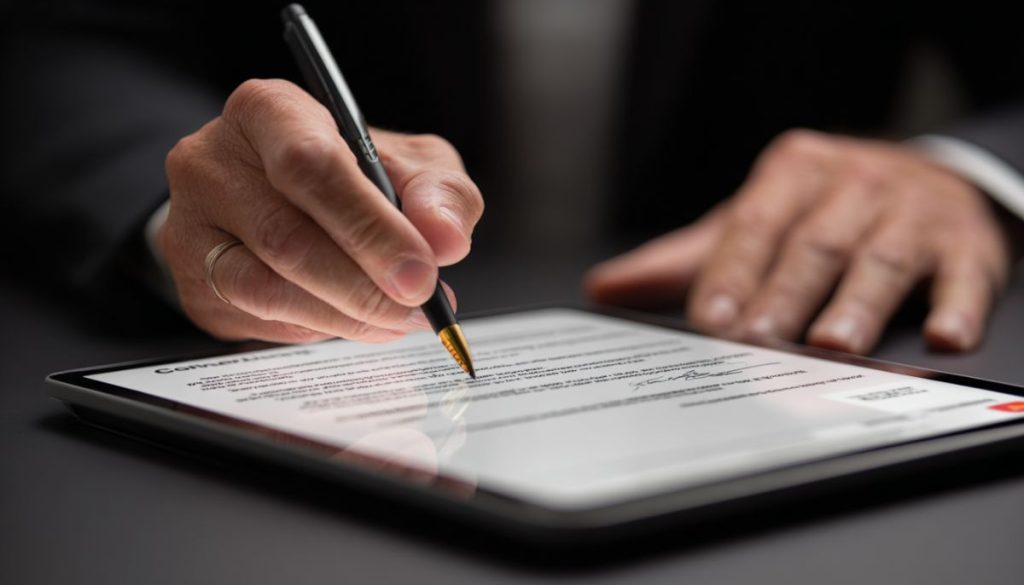 Close-up view of a businessperson finalizing a contract online using an advanced contract tool