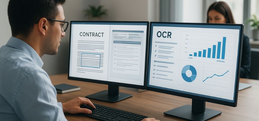 ocr-contract1 Professional using OCR contract software on dual monitors to analyze digital documents and contract data.