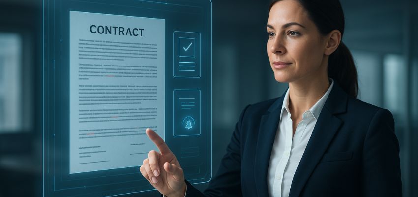 ocr-contract2 Businesswoman managing OCR contract through a digital interface for automated document processing.