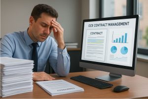 Employee overwhelmed by OCR contract management tasks, reviewing paper and digital contract data.