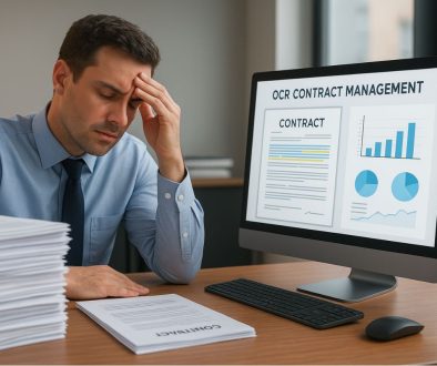 Employee overwhelmed by OCR contract management tasks, reviewing paper and digital contract data.