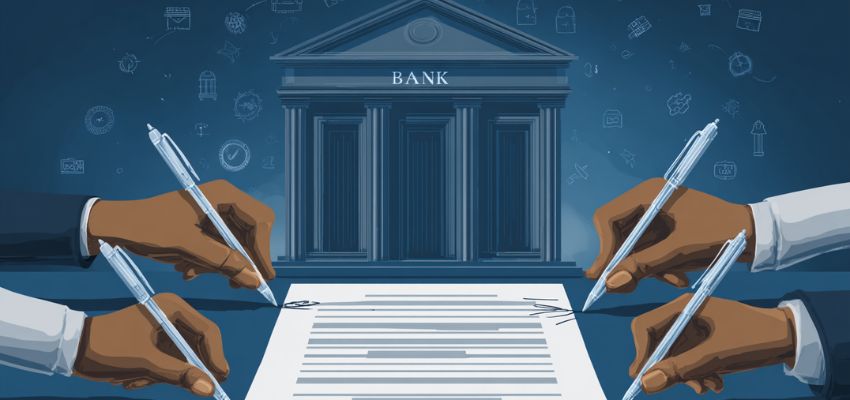 signatories-meaning1 Several hands signing a document with a bank illustration in the background — explaining signatories meaning in financial agreements.