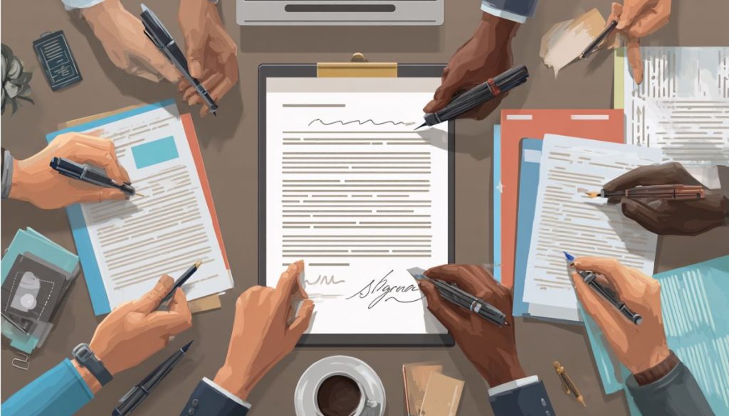 Group of people in a workspace signing an official document — illustrating signatories meaning in legal and business contexts.