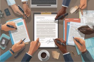 Group of people in a workspace signing an official document — illustrating signatories meaning in legal and business contexts.