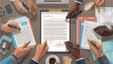Group of people in a workspace signing an official document — illustrating signatories meaning in legal and business contexts.