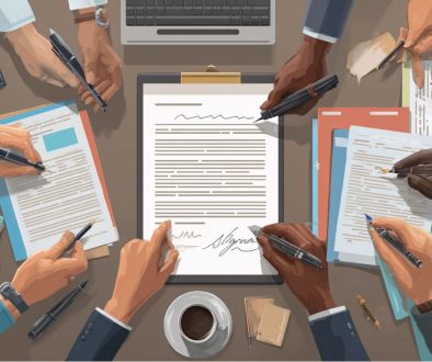 Group of people in a workspace signing an official document — illustrating signatories meaning in legal and business contexts.