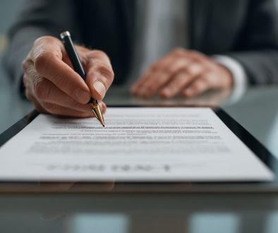 Business professional signing a valid contract displayed on a digital tablet in an office setting.