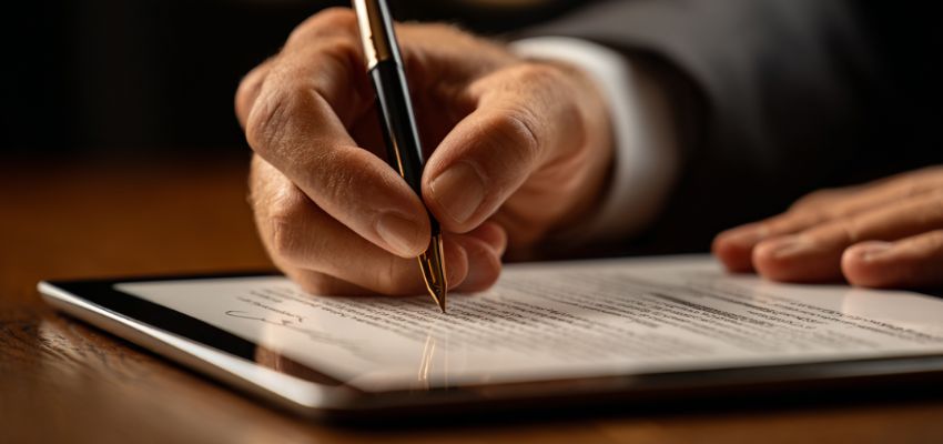 valid-contract2 Close-up of a person signing a valid contract document on a tablet using a fountain pen.