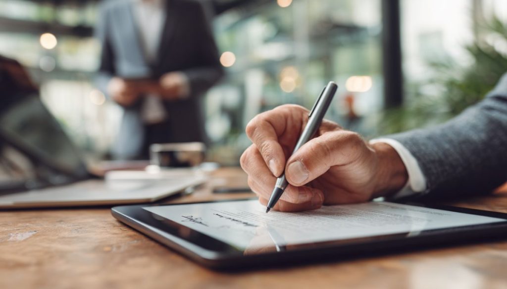 authorized-signatory1 Close-up of a man signing a digital document on a tablet as an authorized signatory.