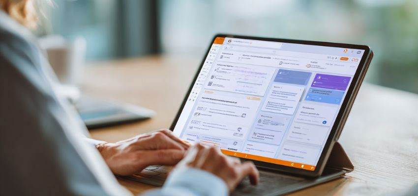 contract-automation-software1 Close-up of a man working on a tablet in an office, reviewing digital agreements through contract automation software.