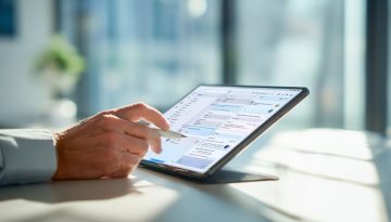 Man using a tablet to manage workflow tasks, showing how contract automation software streamlines document processes.