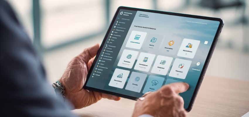 contract-automation-software3 Man browsing through a tablet interface that displays organized digital contracts powered by contract automation software.