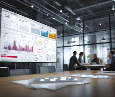 Team meeting in an office reviewing figures on a large screen using a contract management platform.