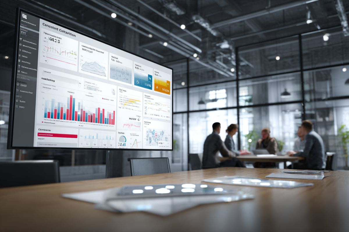 Team meeting in an office reviewing figures on a large screen using a contract management platform.