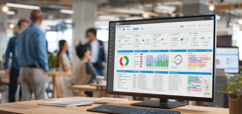 contract-management-platform3 Computer displaying contract management platform analytics with a team collaborating in the background.