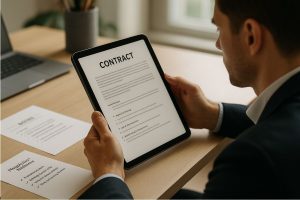 Man reviewing a digital contract on a tablet during a contract negotiation process.
