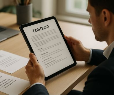 Man reviewing a digital contract on a tablet during a contract negotiation process.