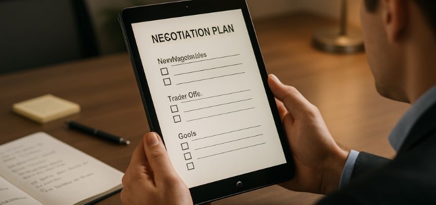 contract-negotiation2 Business professional holding a tablet with a negotiation plan displayed, preparing for contract negotiation.