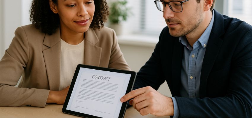 contract-negotiation3 Two colleagues discussing terms on a digital contract during a contract negotiation meeting.