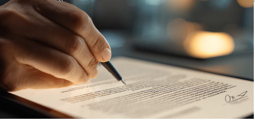 contract-termination1 Close-up of a person signing a digital document on a tablet, symbolizing contract termination procedures.