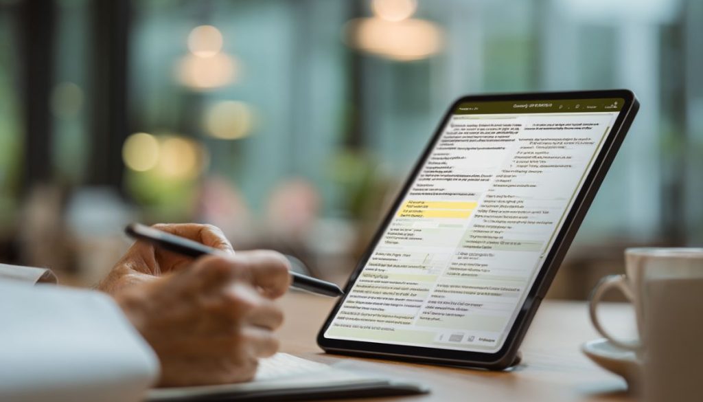contract-termination2 Person reviewing detailed terms on a tablet while taking notes, representing the process of understanding contract termination requirements.