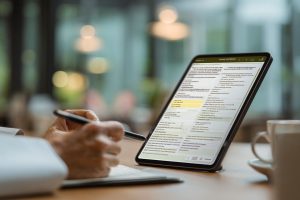 Person reviewing detailed terms on a tablet while taking notes, representing the process of understanding contract termination requirements.
