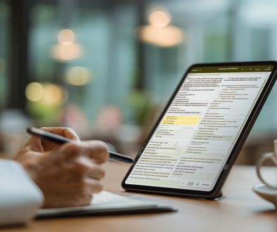 Person reviewing detailed terms on a tablet while taking notes, representing the process of understanding contract termination requirements.