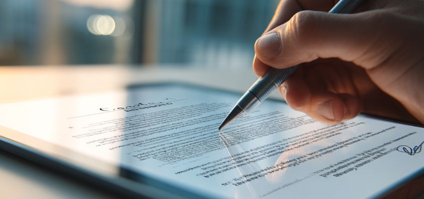 contract-termination3 Hand signing an electronic agreement on a tablet, illustrating digital contract termination steps.