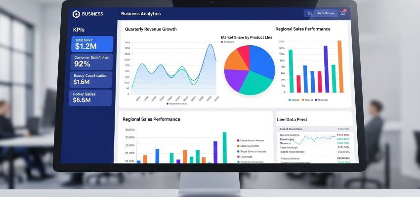 Computer screen displaying colorful charts, graphs, and KPIs for quarterly revenue and sales performance, used in advanced contract analysis to evaluate business agreements and outcomes.