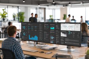 Man working in an office reviewing contract data on his computer, focusing on contract risk management tasks.