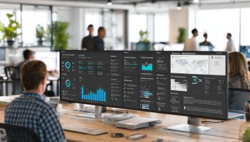 Man working in an office reviewing contract data on his computer, focusing on contract risk management tasks.