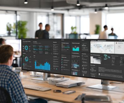 Man working in an office reviewing contract data on his computer, focusing on contract risk management tasks.