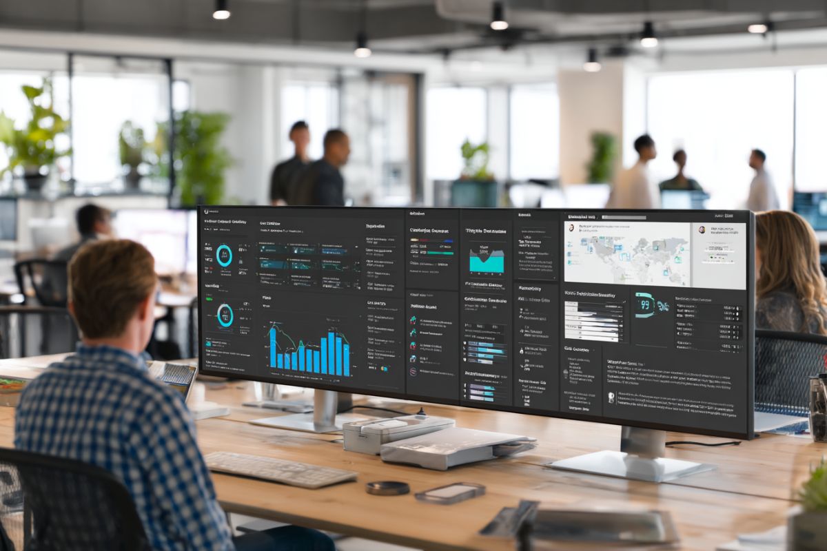 Man working in an office reviewing contract data on his computer, focusing on contract risk management tasks.