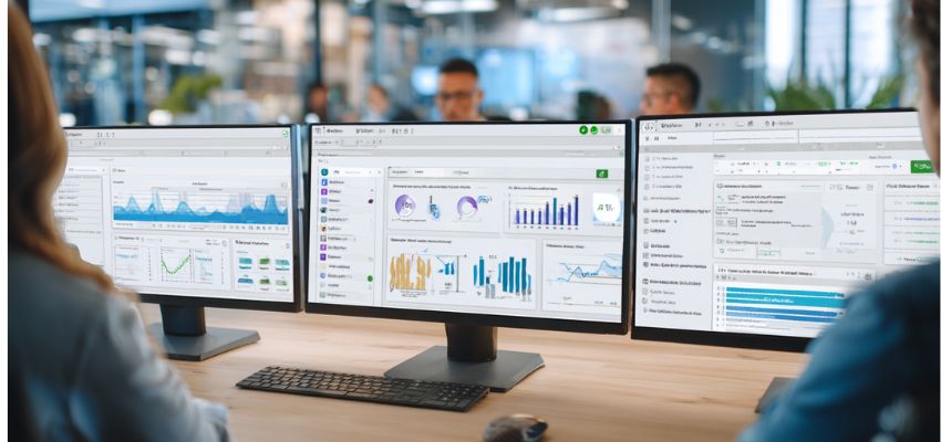 contract-risk-management2 Team collaborating in an office with multiple screens displaying analytics related to contract risk management.