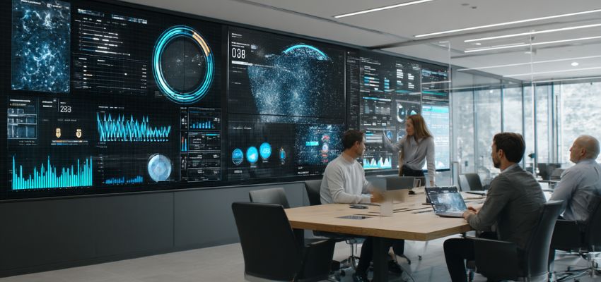 contract-risk-management3 Business team meeting with a large screen presentation showing data and insights for contract risk management.