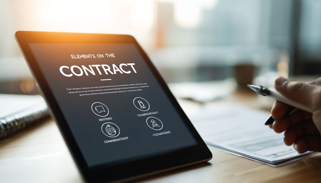 elements-of-contract2 Tablet on desk displaying a clear infographic titled 'Elements on the Contract' with icons for offer, acceptance, consideration, and legality – perfect for explaining the core elements of contract