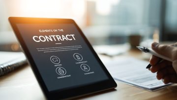 Tablet on desk displaying a clear infographic titled 'Elements on the Contract' with icons for offer, acceptance, consideration, and legality – perfect for explaining the core elements of contract