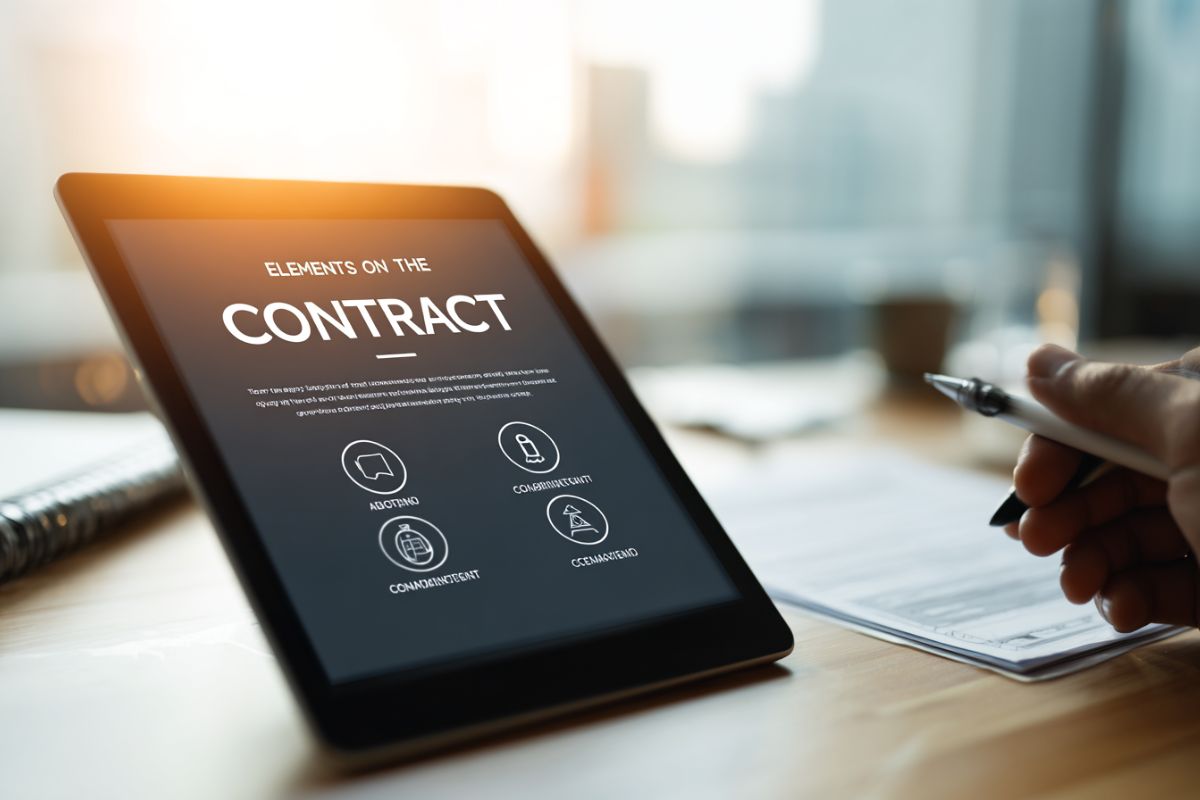 Tablet on desk displaying a clear infographic titled 'Elements on the Contract' with icons for offer, acceptance, consideration, and legality – perfect for explaining the core elements of contract