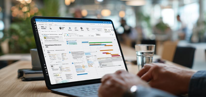 Laptop displaying contract lifecycle software interface explaining clm meaning in a modern office setting.